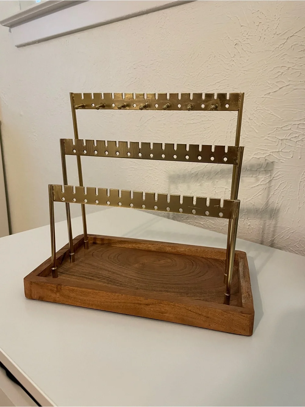 Tiered Earring Display with Wood Base - Brass Finish